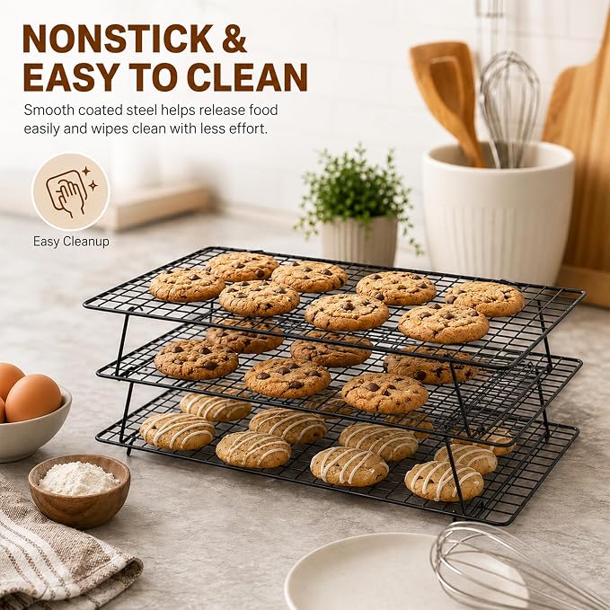 Cooling Rack 16"x10", 3-Tier Stackable & Collapsible Cooling Racks | Cooling Racks for Cooking and Baking, Roasting, Grilling, Oven & Dishwasher Safe (Black, 3-Tier-SL)