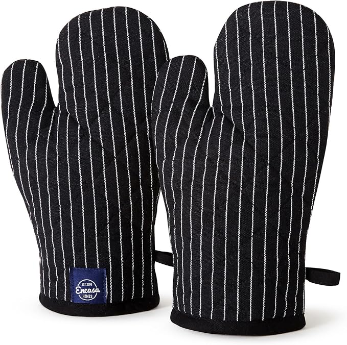 Encasa XO Long 12"x7" Oven Microwave Hand Gloves Mitts (2 pc Set) for Kitchen Cooking & Baking - Heat Resistant, Thick & Safe, Protection of Hands from Hot Utensils - Butcher Stripes Black