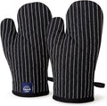 Encasa XO Long 12"x7" Oven Microwave Hand Gloves Mitts (2 pc Set) for Kitchen Cooking & Baking - Heat Resistant, Thick & Safe, Protection of Hands from Hot Utensils - Butcher Stripes Black