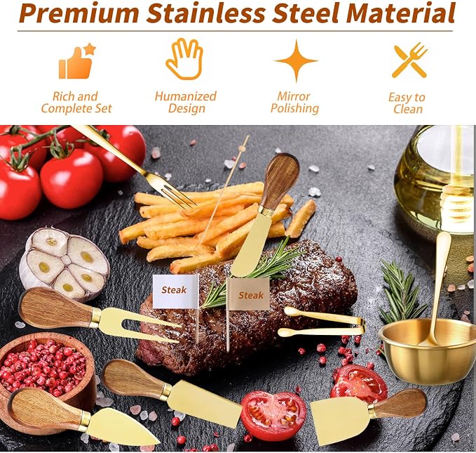 46Pcs Charcuterie Boards Accessories Small Serving Utensil Set Cheese Butter Spreader Knives Mini Stainless Steel Cutlery Tong Spoon Fork Bowl Wooden Toothpick for Kitchen Wedding Christmas Gift(Gold)