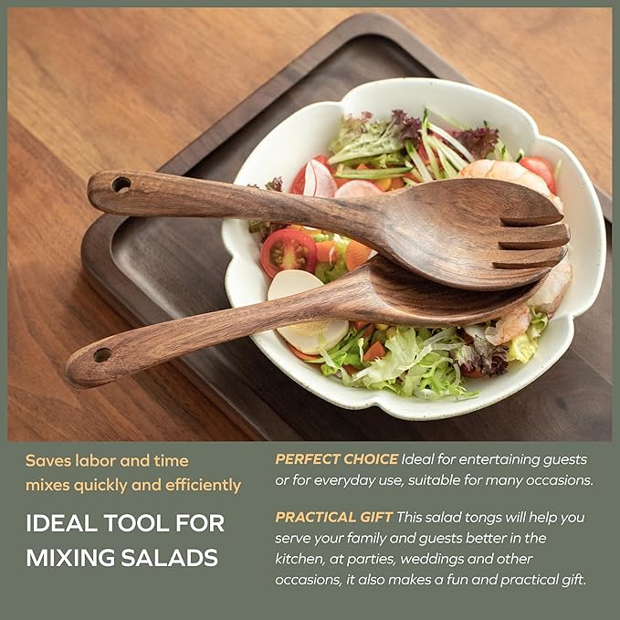 Muso Wood Acacia Salad Servers, 10-inch, Set of 2 | Wooden Salad Tongs for Serving Salad Mixes