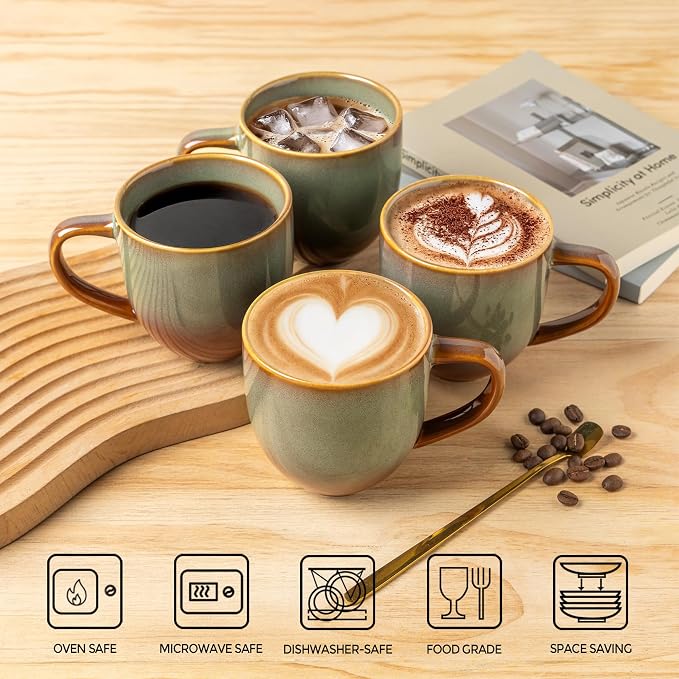 theterra Ceramic Coffee Mugs Set of 6, 12 oz Coffee Cups with Handle | Handmade, Suitable for Latte, Tea, Milk, Beer & Hot Cocoa, Sage Umber
