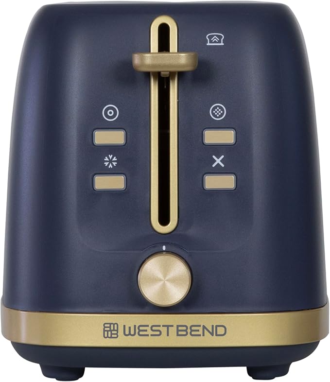 West Bend Timeless 2-Slice Toaster with 7 Browning Levels, Bagel/Waffle/Defrost Settings, High-Lift Lever, Anti-Jam, Easy-Clean Crumb Tray, 2-Slice, Blue/Gold