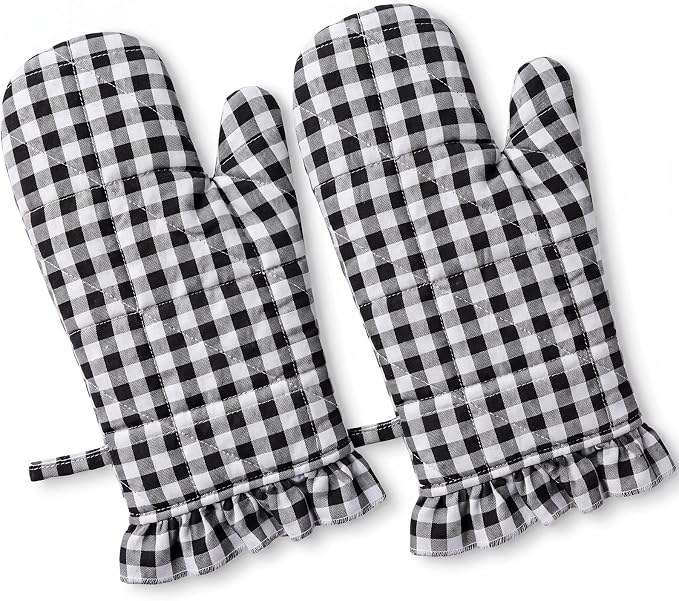 Twistover Checkered Oven Mitts 2-Pack Set, Cotton Gloves,Black | 13.5x6.5 Inch Size with Ruffle Trim, Non-slip Heat Resistant for Baking BBQ Microwave, Plaid Cotton for Cooking