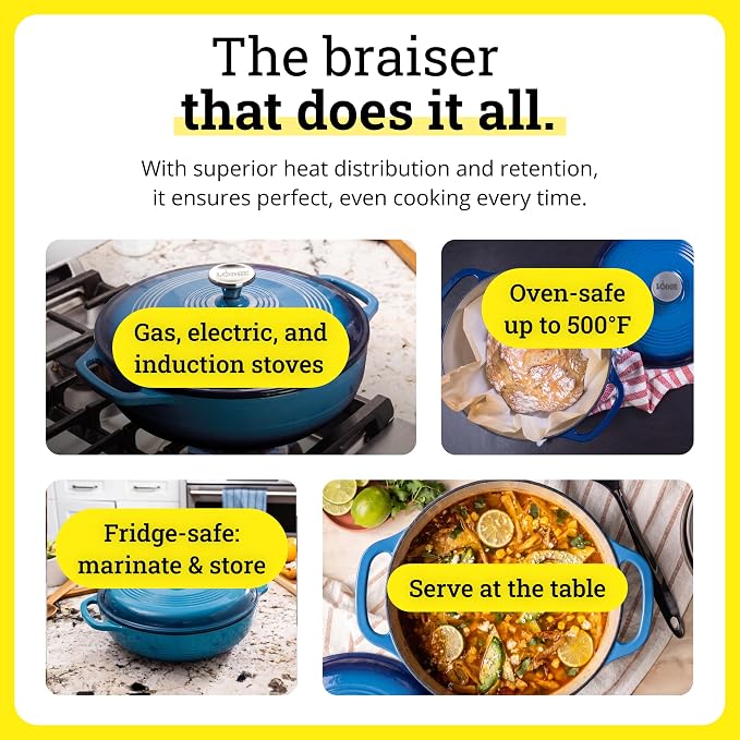 Lodge Essential Enamel Braiser 3.5 Quart - Refrigerator- & Oven-Safe up to 500° F - Heat-Retaining, Induction-Safe & PFAS-Free Enamel Cookware - Caribbean Blue