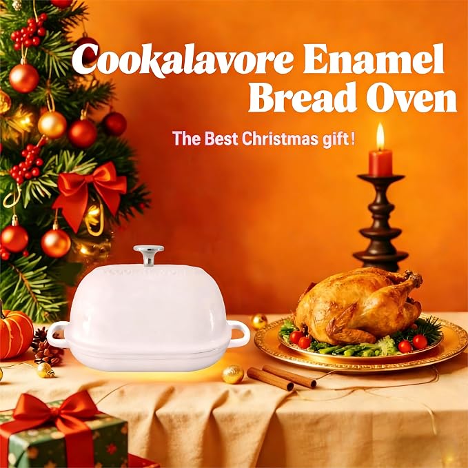 Cast Iron Bread Oven,6 QT Bread Oven,Thick Enameled Loaf Pan with Lid,Bread Pans for Homemade Bread,14.5"Dutch Oven for Bread Baking,Dutch Oven-with Silicone Baking Mat&Recipe,Gifts for Family,White