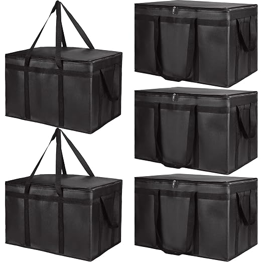 Bodaon 5-Pack Insulated Food Delivery Bag for Hot and Cold Meal, XXX-Large, Grocery Tote Insulation Bag for Catering, Pizza Warmer, Black | Hot/Cold Meal Tote Insulation, Catering Pizza Warmer, Commercial Heavy Duty Reusable Transport Carrier for Rides...