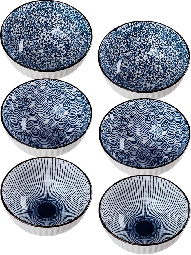10 oz Small Ceramic Bowls Set of 6, 4.5 Inch Japanese Blue and White Bowls for Ice Cream, Rice, Dessert, Snack, Dipping, Microwave and Dishwasher Safe - Mixing Pattern