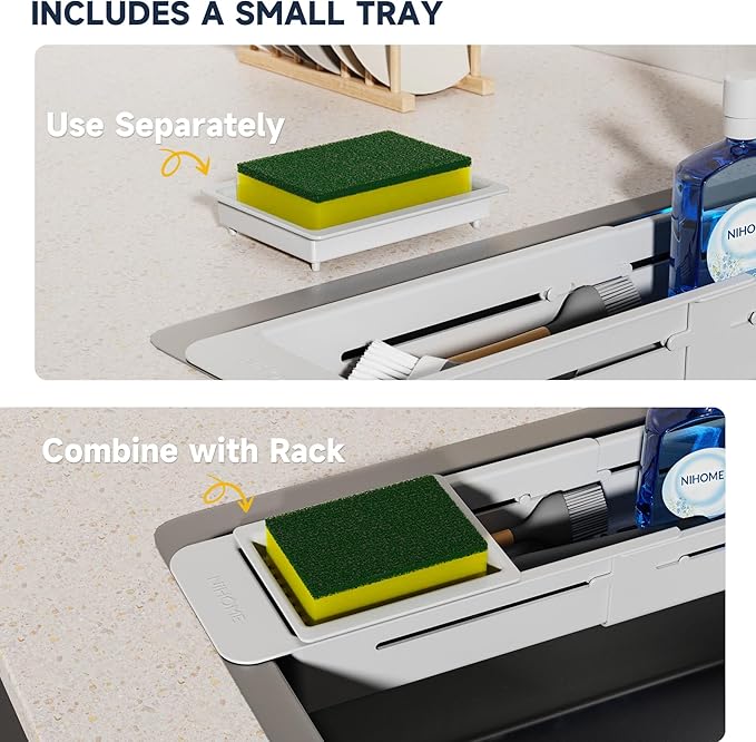 NiHome Extendable Kitchen Sink Caddy, Small Brush Sponge Storage Holder | Expandable Kitchen In Sink Organizer for Brush & Sponge with Drainage, Adjustable Length, Non-Slip Pads, Durable ABS (Gray)