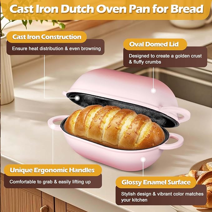 Homikit Enameled Cast Iron Dutch Oven for Bread Baking, 2.8 QT Oval Bread Oven Pot with Lid, 9.5 x 5.7 Inch Sourdough Loaf Baking Pan for Homemade Bread, Heavy Duty & Oven Safe, Pink