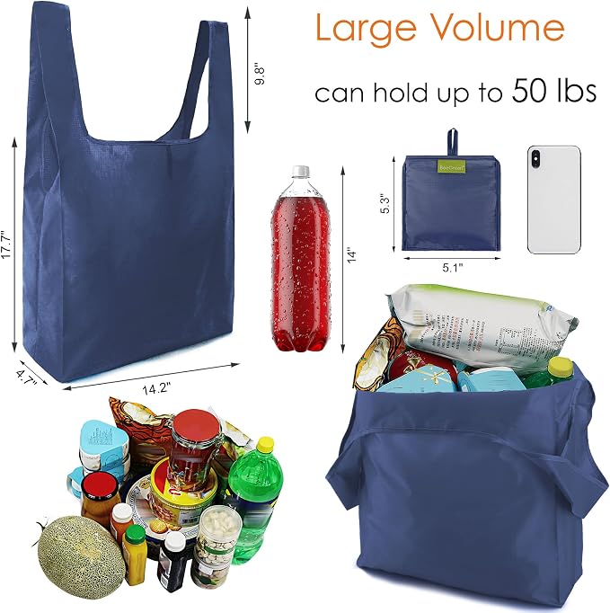 BeeGreen Blue Reusable Grocery Bags Wholesale Royal Reusable Kitchen Bags Bulk Foldable-Machine Washable with Zipper Storage Pouch 50 Packs