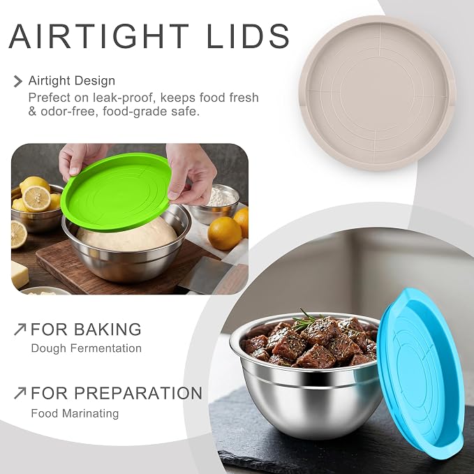 HaWare Mixing Bowls with Airtight Lids, 6-Piece Stainless Steel Salad Bowls | Strong Nesting Bowls for Cooking, Prepping, Baking, Serving & Food Storage, Stackable Design, Size 4.6, 3, 1.5QT, Colorful