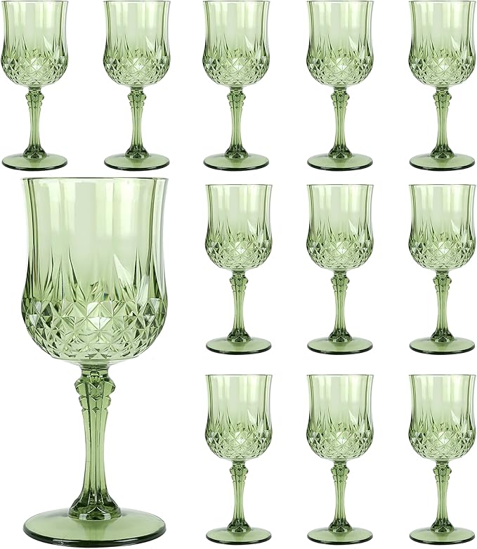 12Pack Plastic Wine Glasses, 7oz Vintage Goblets for Wedding | Unbreakable Crystal Style Reusable Stemware, Elegant New Green Drinking Glass for Party Anniversary & Holiday Celebration