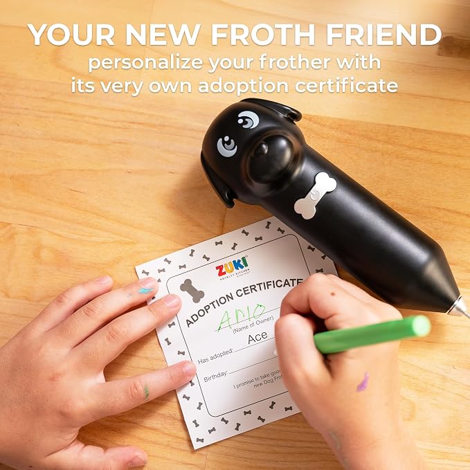 Zulay Kitchen Dog Milk Frother Wand – Cutesy Frother, Meet Your New Frothing Buddy Ace The Dog, Adoption Papers and Stickers Included, Paw-fectly for Lattes, Cappuccino & Matcha – Black