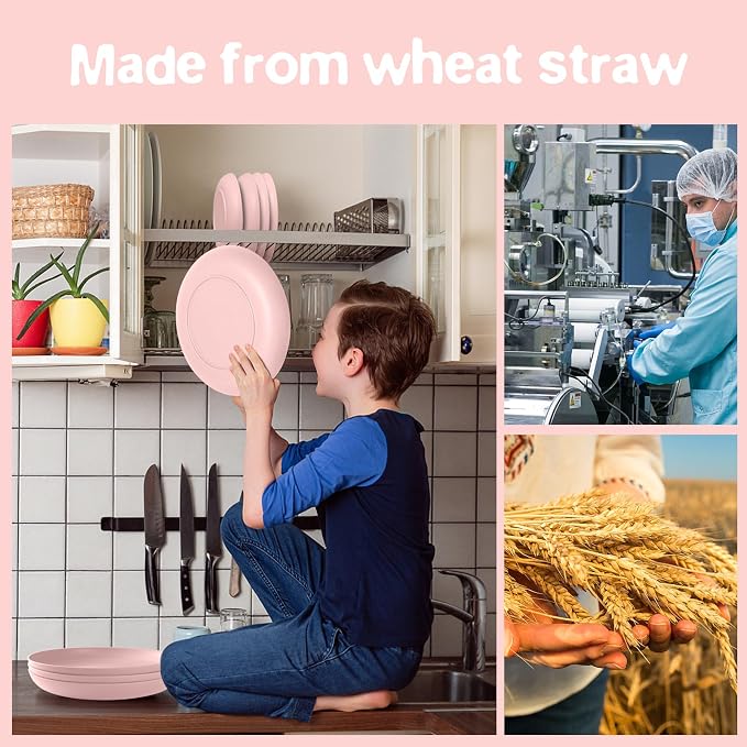 Teivio 32-Piece Plates and Bowls Sets for 8, Pink Kitchen Dinnerware Sets | 13.5oz Cups, Plastic Wheat Straw Unbreakable Dish Set, Dishwasher Safe, for Outdoor Camping RV Apartment Essentials Plate Set