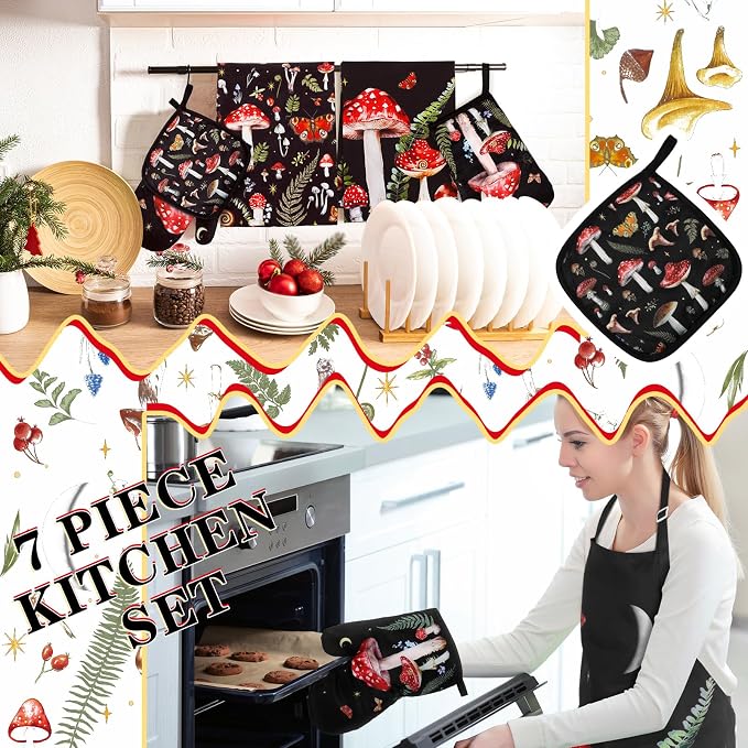 7 Pcs Mushroom Kitchen Linen Set - Durable Polyester Apron, 2 Quick-dry Towels, Oven Mitt & Pot Holders, Aesthetic Cottagecore Decor, Red Mushroom Gifts for Women, Housewarming Gift