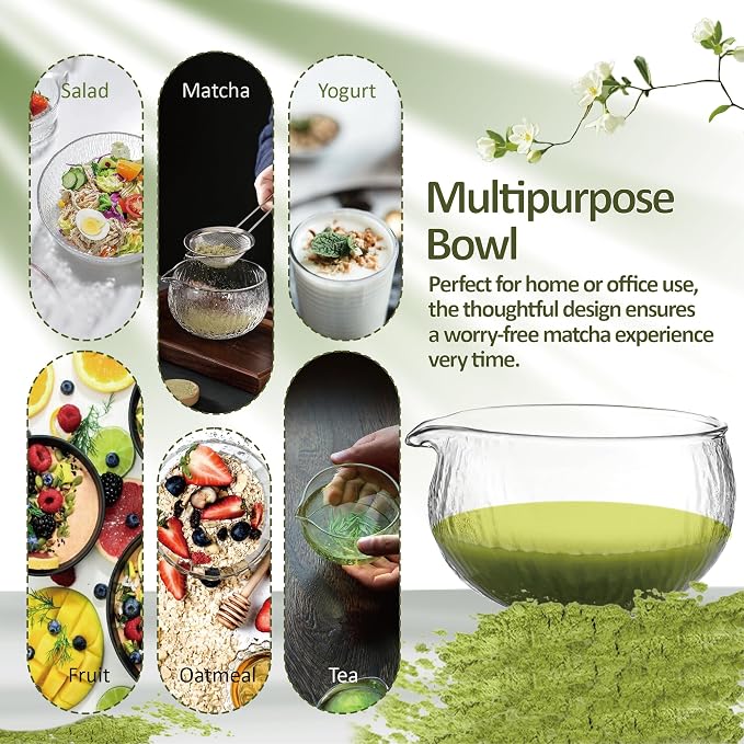 Matcha Bowl with Spout, 500 ml/18 oz Glass Matcha Mixing Bowl, Japanese Ceremonial Matcha Chawan for Matcha Powder/Salad/Fruit/Soup/Tea