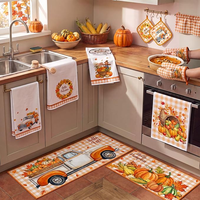 Fourluoo 10 Pieces Fall Thanksgiving Kitchen Decor Set Fall Pumpkin Towels Oven Mitts Pot Holders Rugs Farmhouse Rustic Kitchen Set for Chef Baking Cooking Grilling BBQ Women Mom Gift
