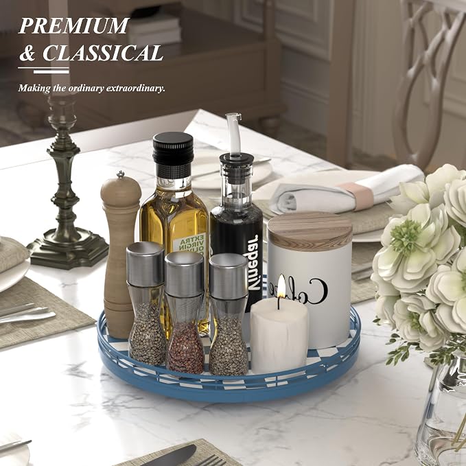 Blue and White Checkerboard Lazy Susan with Rubberwood Base and Metal Rail | Smooth rotating oak tray with walnut finish for dining tables, kitchen counters, pantries and cabinet storage.