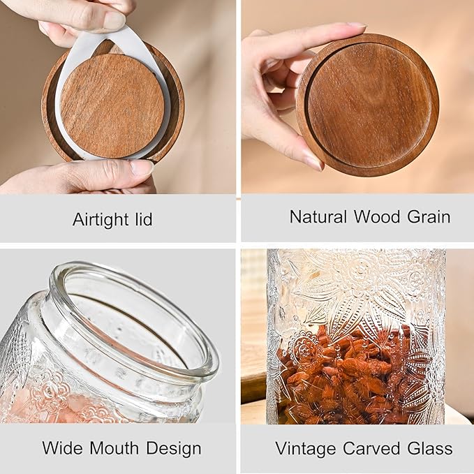 Adodeen 32oz Vintage Glass Jars With Lids, Airtight Food Storage Containers, Kitchen Canisters For Sugar, Coffee, Tea, Spice, Flour, Candy Cookie, Pasta, Cereal, Cute Decorative Jars | Airtight Glass Food Storage Containers, Kitchen Canisters For Sugar...