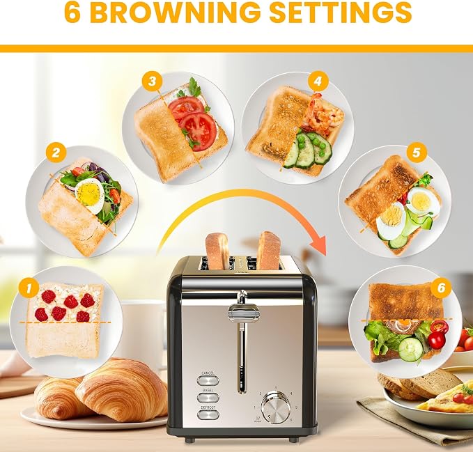 Simple Deluxe 2-Slice Toaster, Stainless Steel Toaster, 6 Browning Setting and 3 Function, Extra Wide Slot & Removable Crumb Tray, for Bread & Waffle, Black