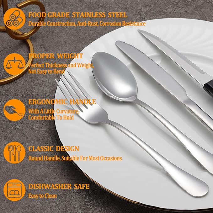 48 Pcs Silverware Set with Steak Knives for 8, Stainless Steel Flatware Set, Mirror Polished Cutlery Utensil Sets, Home Kitchen Eating Tableware Sets, Dishwasher Safe