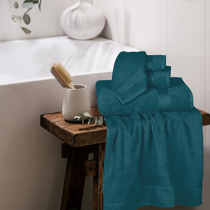 Ultra Soft 6 Pack Cotton Towel Set, Contains 2 Bath Towels 28x55 inch, 2 Hand Towels 16x24 inch & 2 Wash Coths 12x12 inch, Ideal Everyday use, Compact & Lightweight - Teal