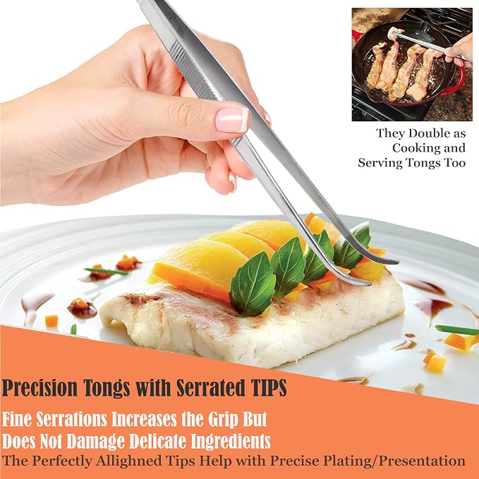 Professional Culinary Stainless Steel Precision Tongs with Serrated Tips, Plating/Food Presentation Detailing Serving Tongs, Chef's Kitchen Tweezer Tongs - Ultra Non-Slip Grip (8 Inch Curved)