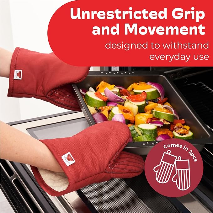 Silicone Mini Oven Mitts - Red Set of 2 - Heat Resistant to 536 F / 280 C Kitchen Gloves Professional Grade Pot Holders for Cooking Baking
