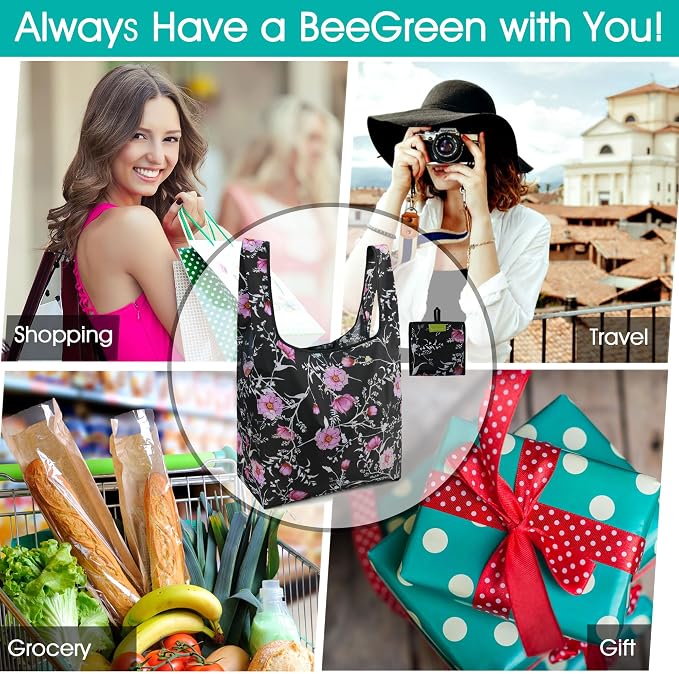 BeeGreen Floral Reusable Grocery Bags Bulk 6 Packs X-Large50LBS, Reusable Shopping Bags Foldable for Groceries, Vegetables, Fruits Bulk Tote Bags Washable For Women Men
