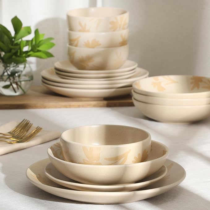 Gibson Home Admiral Hall Plates and Bowls Set, 16-Piece Floral Dinnerware Set, Cream Stoneware Dish Set, Dinner Plates, Salad Plates, Pasta Bowls & Cereal Bowls
