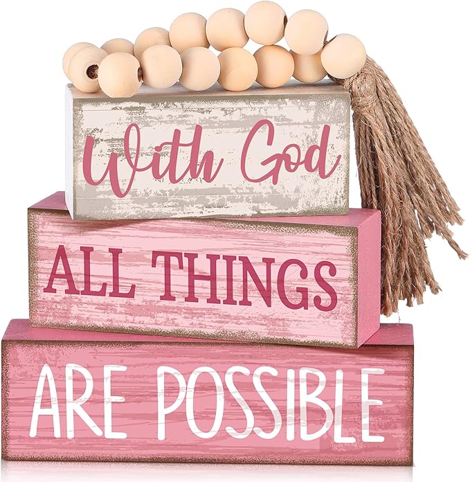 Lineshading 4 Pcs Christian Table Decor Pink God All Things are Possible | Prayer Room Shelf Decor, Christian Home Accents, Tiered Tray Books Style, Rustic Faith Quote, Tabletop Gift for Believers
