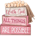 Lineshading 4 Pcs Christian Table Decor Pink God All Things are Possible | Prayer Room Shelf Decor, Christian Home Accents, Tiered Tray Books Style, Rustic Faith Quote, Tabletop Gift for Believers