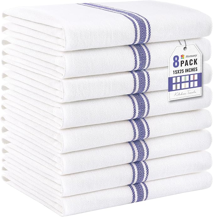 Homaxy 100% Ring Spun Cotton Kitchen Towels 8 Pack, Blue Stripe | 15 x 25 Inch, Highly Absorbent Dish Towels for Kitchen Drying, Reusable Cleaning Cloths, Soft Tea Towels with Hanging Loop