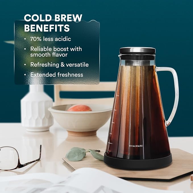 OVALWARE Airtight Cold Brew Coffee Maker with Tea Infuser & Spout 1.5L/51oz | Borosilicate Cold Brew Coffee & Iced Tea Maker with Removable Strainer & Spout | Ideal for Home Baristas & Tea Enthusiasts