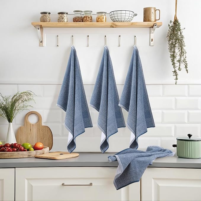 Mordimy Premium Large Cotton Kitchen Towels (18"x 28", 3 Pack), Navy Blue | 100% Ring Spun Cotton, Super Absorbent, 380 GSM, Flat & Terry, Soft, Hanging Loop Dish Towels