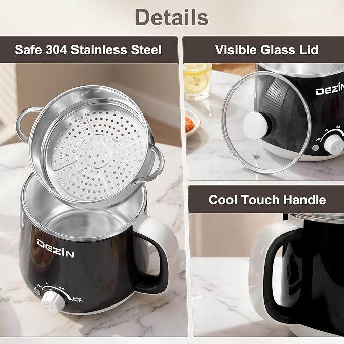 Dezin Hot Pot Electric with Steamer, 1.6L Stainless Steel Electric Pot | Rapid Noodle Cooker, Dual Temp Control & Keep Warm, for Ramen, Egg, Dumpling, Soup & Oatmeal, Ideal for Dorm & Office