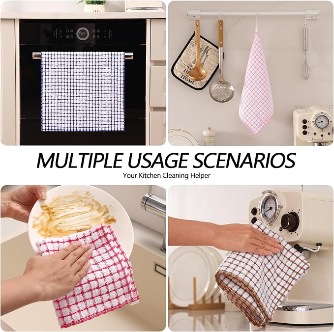Homaxy Kitchen Towels and Dishcloths Set, Set of 8, Blue/Pink/Red/Brown | Cotton Terry Kitchen Dish Towels, Super Soft and Absorbent Dish Cloths, 16 x 25 and 12 x 12 Inches