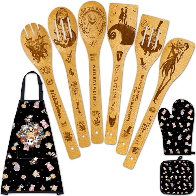 Night Christmas Gifts,Magic Pattern Wooden Cooking Spoons with Apron Oven Mitt Potholder-Halloween Kitchen Decor Cooking Utensils 9pcs,Night Gift for Fans,Women,Mother's Day,Housewarming
