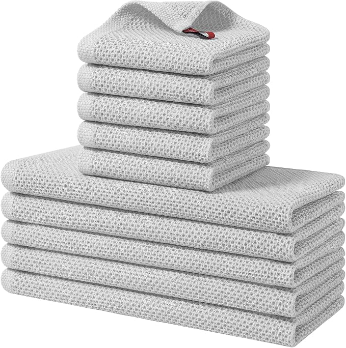 Homaxy 10 Pack 100% Cotton Kitchen Towels and Dishcloths Set, Light Gray | 12 x 12 Inches and 13 x 28 Inches Kitchen Towels Set, Ultra Soft Absorbent Dish Cloths for Washing Dishes