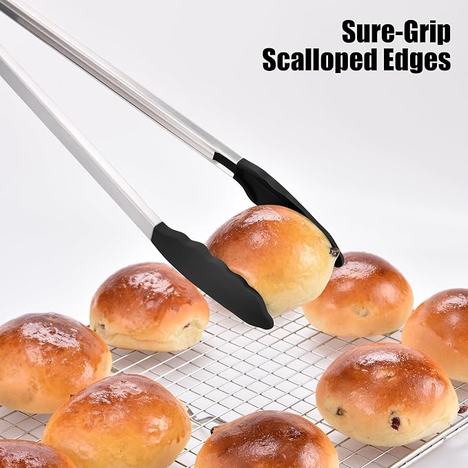 Doosu Kitchen Tongs with Silicone Tips for Cooking Serving (16in, Black) | 600°F Heat Resistant Food Tong, Heavy Duty Stainless Steel Locking Tong for BBQ, Grilling Steak, Salad, Toast, Pasta