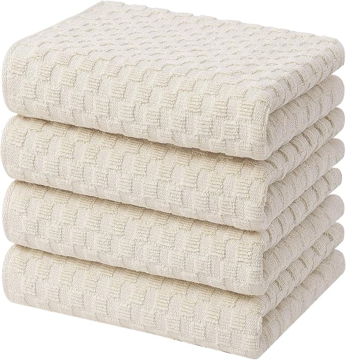 Homaxy 100% Cotton Terry Kitchen Towels(15" x 25", 4 Pack), Beige | Soft and Super Absorbent Dish Towels, 380 GSM Reusable Tea Towel with Hanging Loop, Pineapple Grid Designed