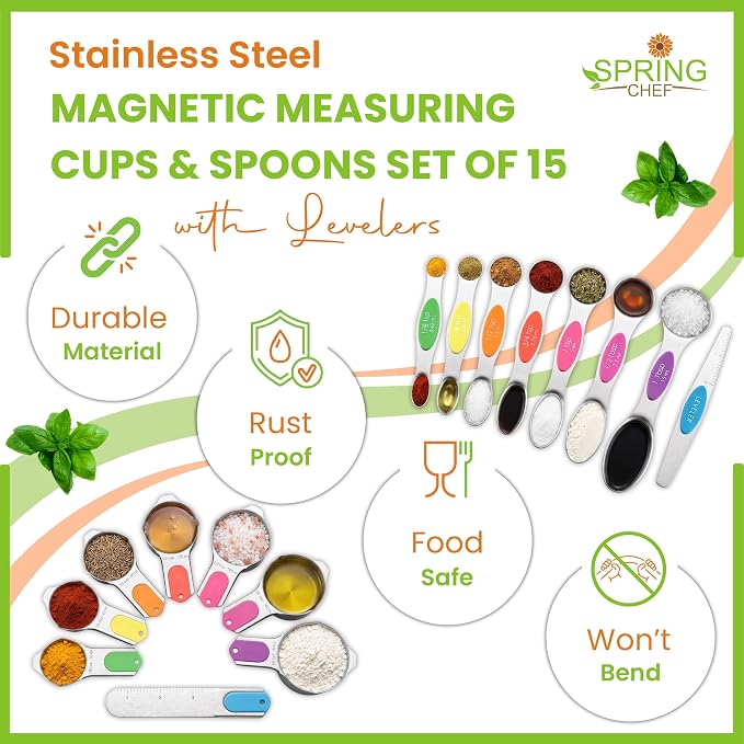 Spring Chef Magnetic Measuring Cups & Spoons Set of 15, Patented, Neon | Stackable Stainless Steel Measuring Cups & Heavy Duty Metal Measuring Spoons with Levelers for Dry & Liquid Ingredients