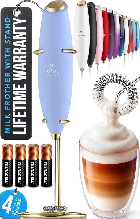 Zulay Kitchen Powerful Milk Frother Wand With Duracell Batteries - Ultra Fast Handheld Drink Mixer - Electric Whisk Foam Maker for Coffee, Lattes, Cappuccino & Matcha - Z1 Motor - Blue & Gold
