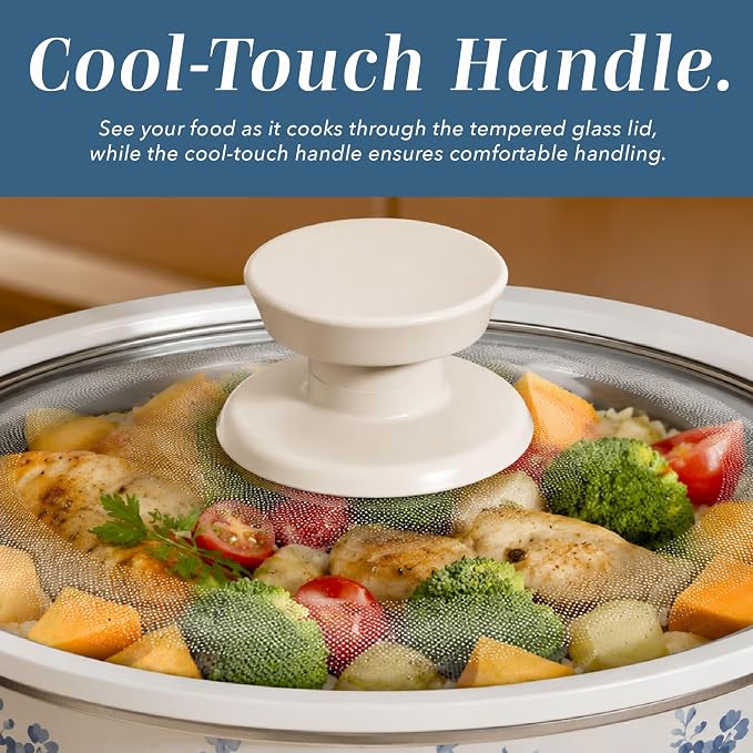 COOK WITH COLOR 2QT Mini Electric Round Slow Cooker - Adjustable Settings, Removable Stoneware Pot, Tempered Glass Lid, Dishwasher Safe, Cool-Touch Side Handles, Floral Blue