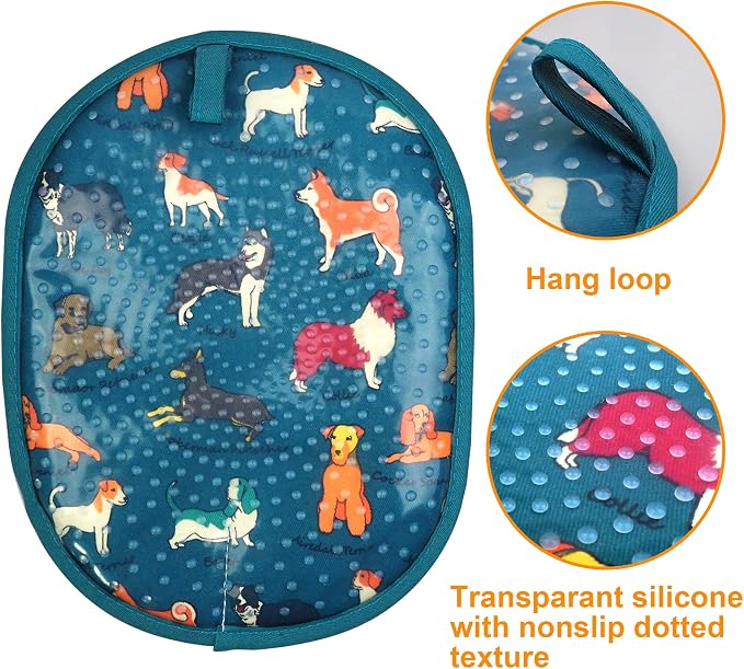 Pot Holders with Transparent Clear Silicone Shell and Nice Dog Flower | Potholders Cotton Lining Set of 2, Heat Resistant to 500 F Kitchen Oven Gloves for Cooking (Grey Dog, Potholders)