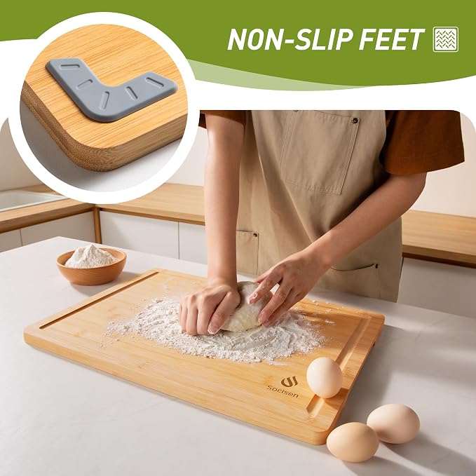 Extra Large Charcuterie Bamboo Board Non Slip Feet Over Sink Wooden Cutting Chopping Board Butcher Block Nice Solid Thick Juice Groove Big Xl XXl xlarge Hardwood Kitchen Counter Organic Meat BBQ Kit