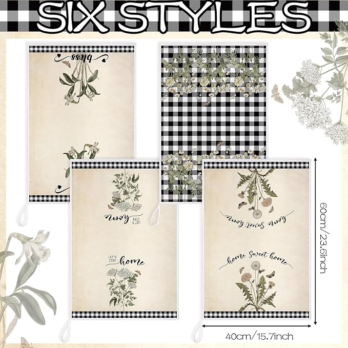 4 Pcs Vintage Wildflower Kitchen Towels Absorbent Tea Towels Gift | Floral Hand Dish Towels Neutral Grid Fast Drying Decor Housewarming Gift for Cooking Bathroom Kitchen Decor