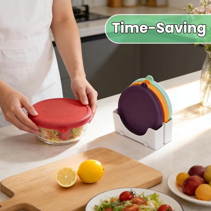 4 Cup Silicone Lid & Lid Organizer - 4 Pack Replacement Lids for Pyrex 7201-PC Glass Bowls and Anchor Hocking 4 Cup Glass Bowls & 2 Pack Adjustable Organizers for Kitchen Cabinet Storage