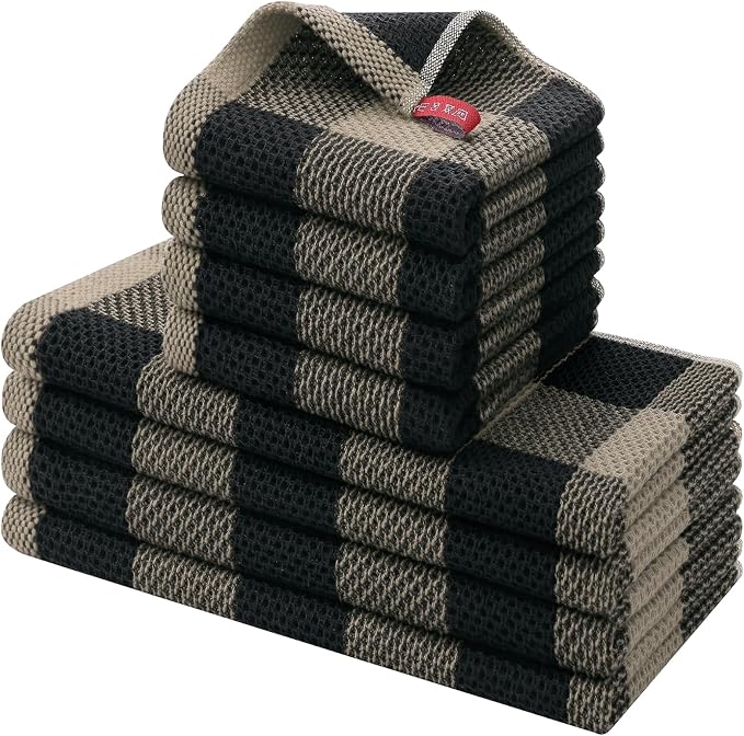 Homaxy Kitchen Towels and Dishcloths Set, Set of 8, Black & Tan | Bulk Cotton Waffle Weave Check Plaid Kitchen Towels, Super Soft and Absorbent Dish Cloths, 12 x 12 and 13 x 28 Inches